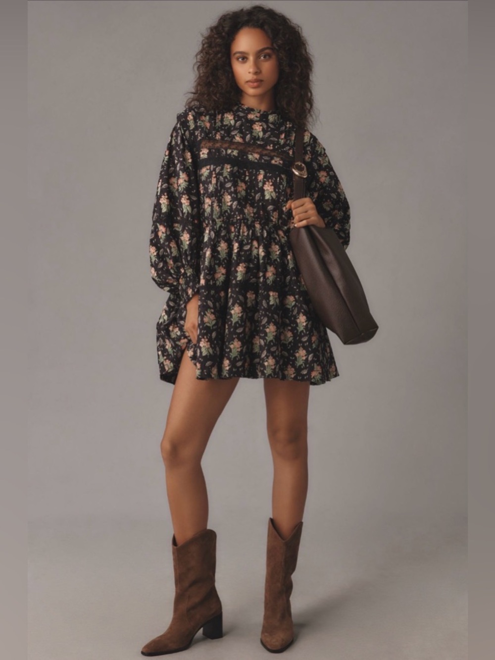 Pilcro Anthropologie NWT Small Floral Mini Dress Mock Neck Long Sleeve Boho